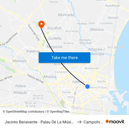 Jacinto Benavente - Palau De La Música to Campolivar map
