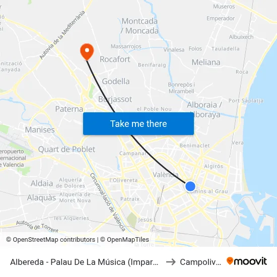 Albereda - Palau De La Música (Imparell) to Campolivar map