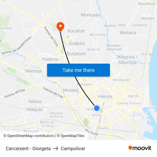 Carcaixent - Giorgeta to Campolivar map