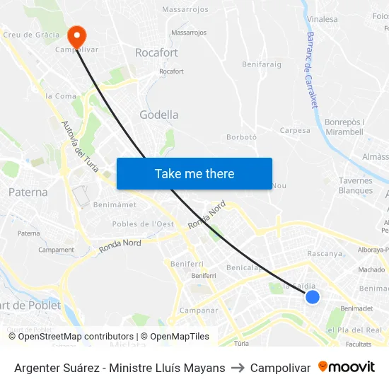 Argenter Suárez - Ministre Lluís Mayans to Campolivar map