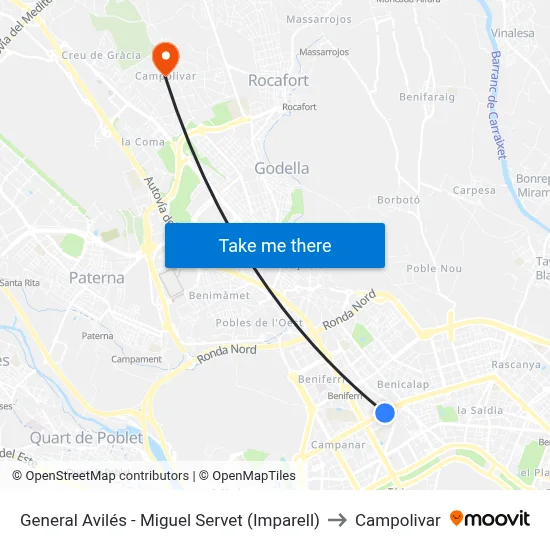 General Avilés - Miguel Servet (Imparell) to Campolivar map