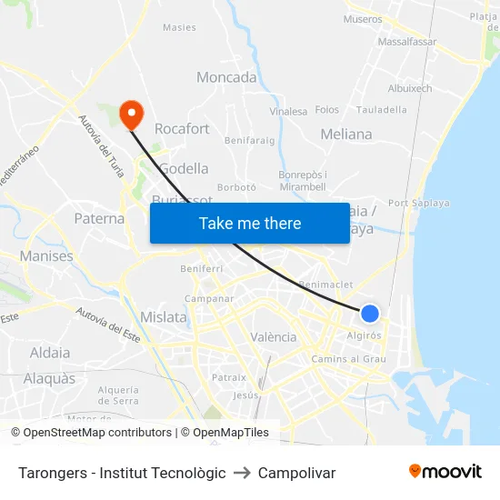 Tarongers - Institut Tecnològic to Campolivar map