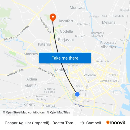 Gaspar Aguilar (Imparell) - Doctor Tomás Sala to Campolivar map