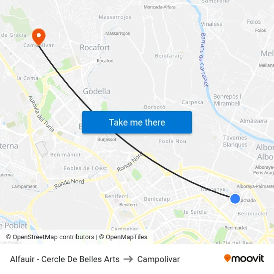 Alfauir - Cercle De Belles Arts to Campolivar map
