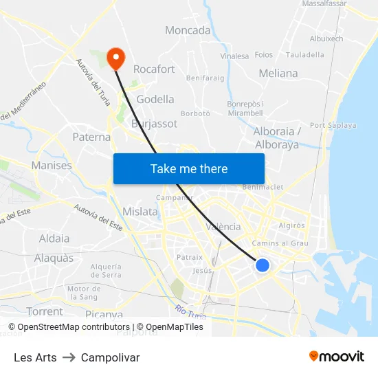 Les Arts to Campolivar map