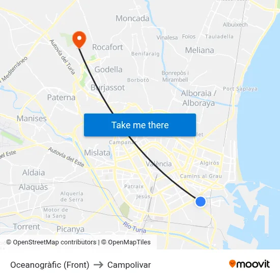 Oceanogràfic (Front) to Campolivar map