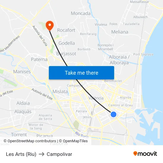 Les Arts (Riu) to Campolivar map