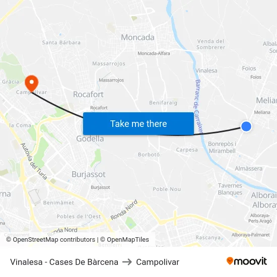 Vinalesa - Cases De Bàrcena to Campolivar map