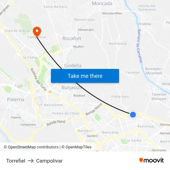 Torrefiel to Campolivar map