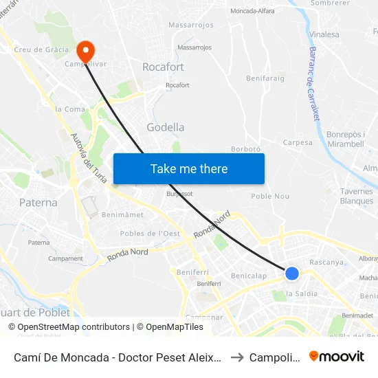 Camí De Moncada - Doctor Peset Aleixandre to Campolivar map