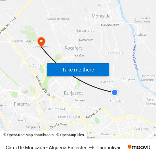 Camí De Moncada - Alqueria Ballester to Campolivar map
