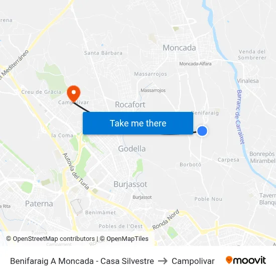 Benifaraig A Moncada - Casa Silvestre to Campolivar map