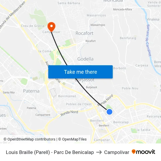 Louis Braille (Parell) - Parc De Benicalap to Campolivar map