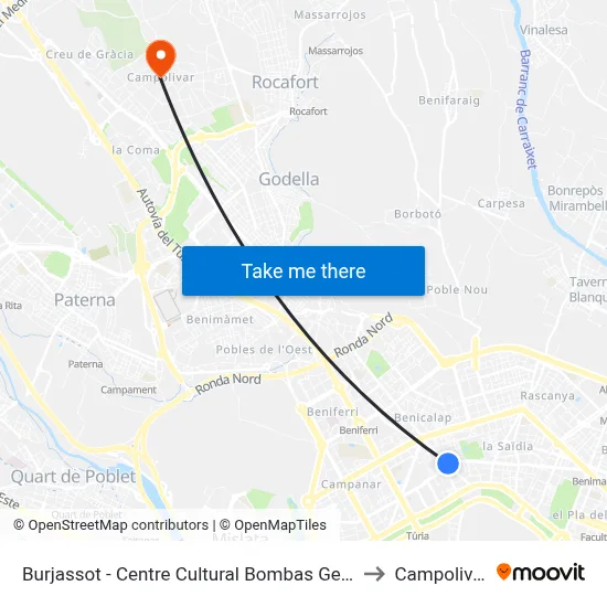 Burjassot - Centre Cultural Bombas Gens to Campolivar map
