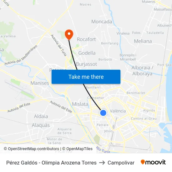 Pérez Galdós - Olimpia Arozena Torres to Campolivar map
