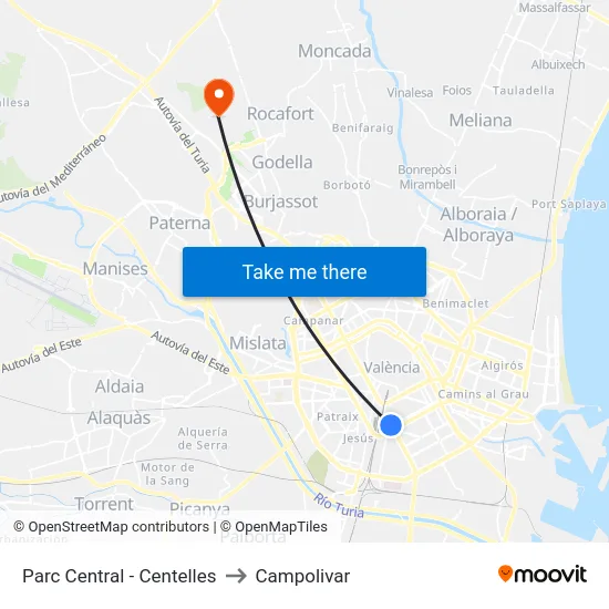 Parc Central - Centelles to Campolivar map