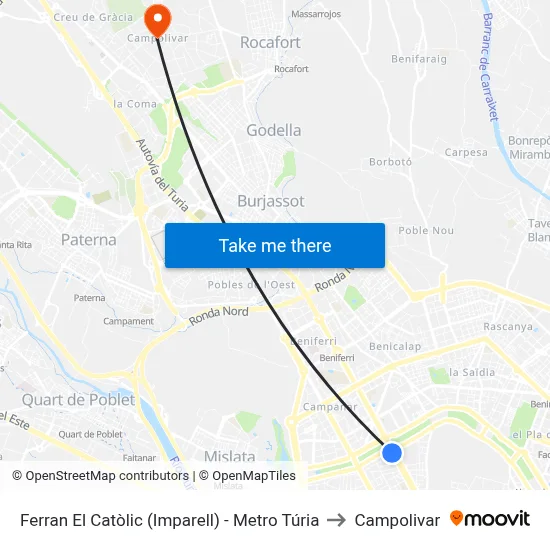 Ferran El Catòlic (Imparell)  - Metro Túria to Campolivar map