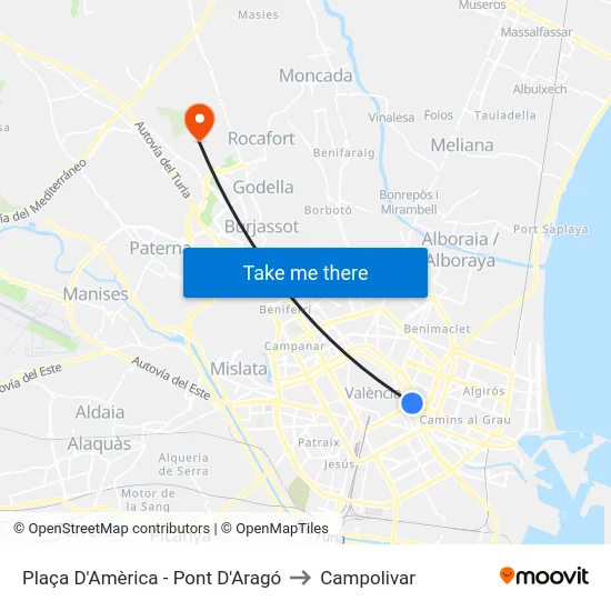 Plaça D'Amèrica - Pont D'Aragó to Campolivar map