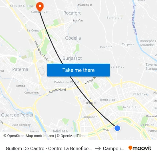 Guillem De Castro - Centre La Beneficència to Campolivar map