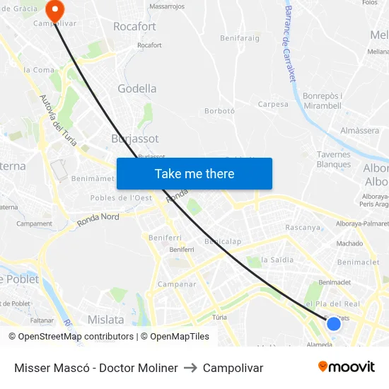 Misser Mascó - Doctor Moliner to Campolivar map