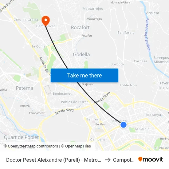 Doctor Peset Aleixandre (Parell) - Metro Trànsits to Campolivar map