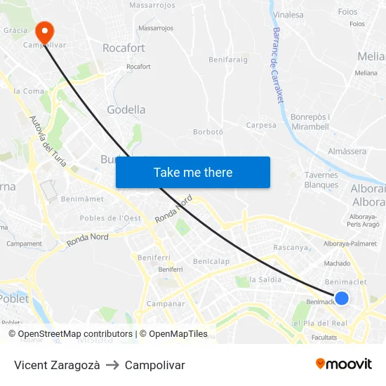 Vicent Zaragozà to Campolivar map