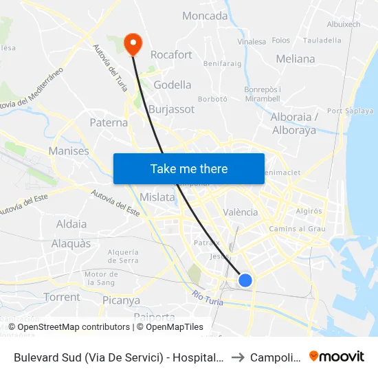 Bulevard Sud (Via De Servici) - Hospital La Fe to Campolivar map