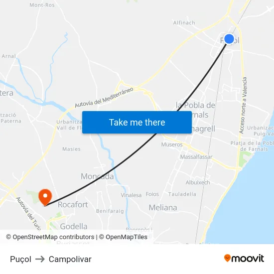 Puçol to Campolivar map