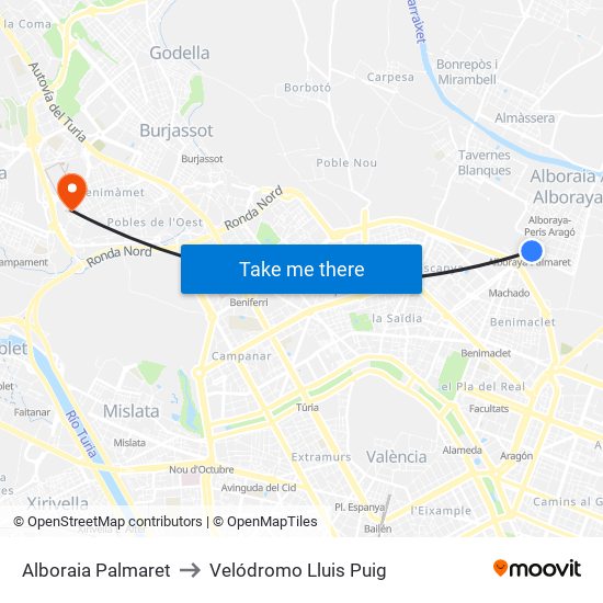 Alboraia Palmaret to Velódromo Lluis Puig map