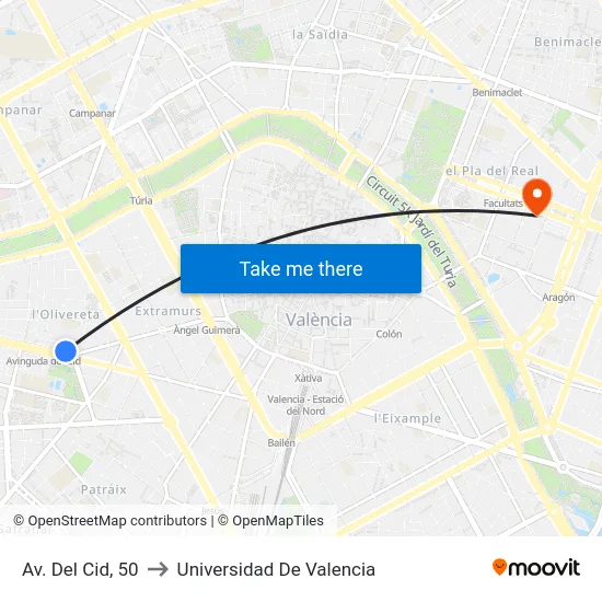 València. Parc De L'Oest - Germans Rivas to Universidad De Valencia map