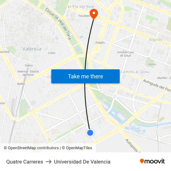 Quatre Carreres to Universidad De Valencia map