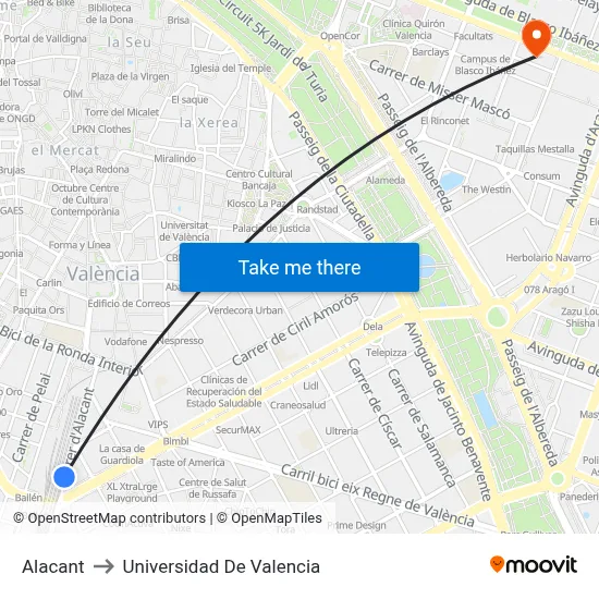 Alacant to Universidad De Valencia map