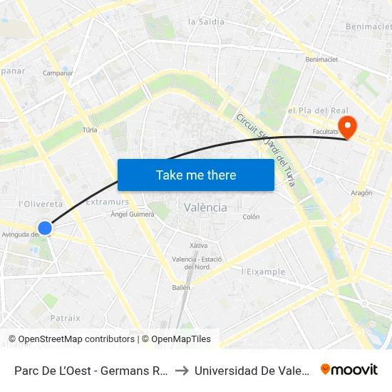 Parc De L’Oest - Germans Rivas to Universidad De Valencia map