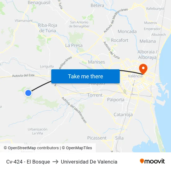 Cv-424 - El Bosque to Universidad De Valencia map