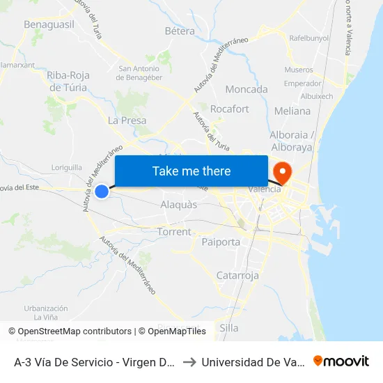 A-3 Vía De Servicio - Virgen Del Olivar to Universidad De Valencia map