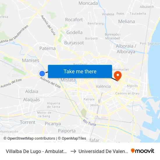 Villalba De Lugo - Ambulatorio to Universidad De Valencia map