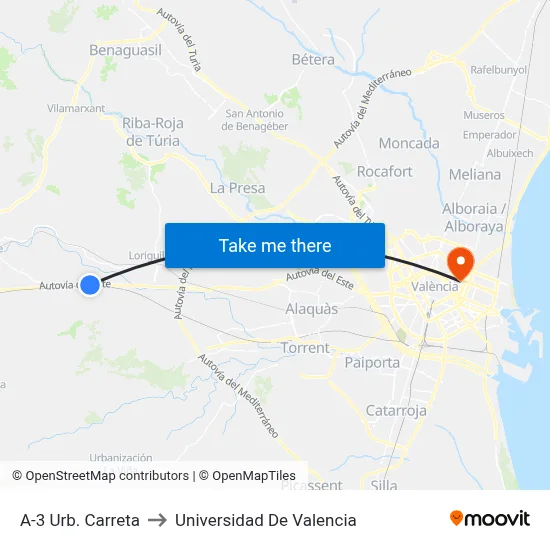 A-3 Urb. Carreta to Universidad De Valencia map