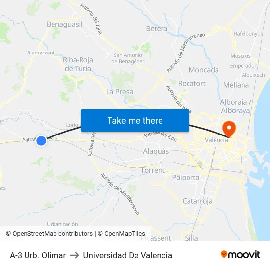 A-3 Urb. Olimar to Universidad De Valencia map
