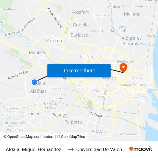 Aldaia. Miguel Hernández 54 to Universidad De Valencia map