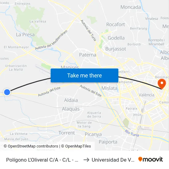 Polígono L'Oliveral C/A - C/L - Mercadona to Universidad De Valencia map