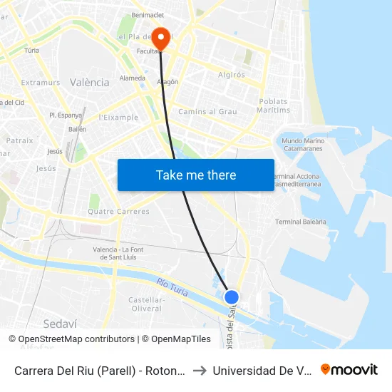 Carrera Del Riu (Parell) - Rotonda Autovia to Universidad De Valencia map