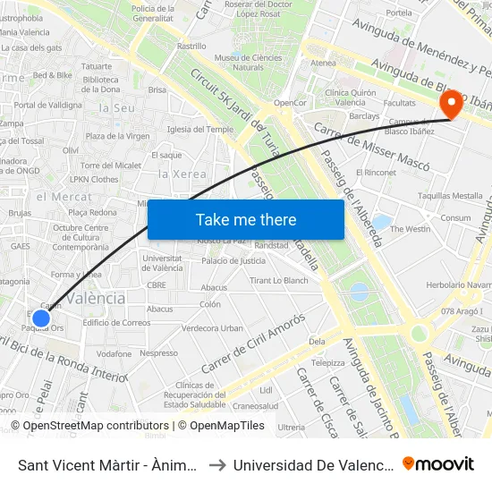 Sant Vicent Màrtir - Ànimes to Universidad De Valencia map