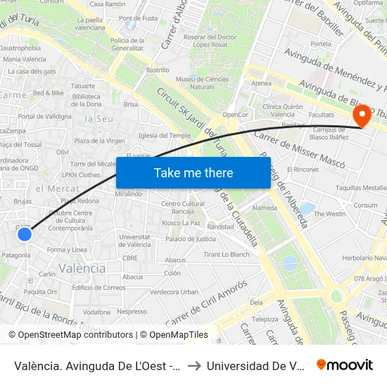 València. Avinguda De L'Oest - Hospital to Universidad De Valencia map