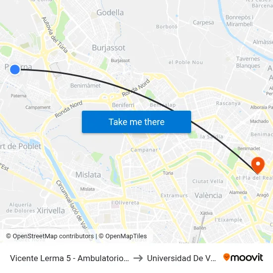 Vicente Lerma 5 - Ambulatorio [Paterna] to Universidad De Valencia map
