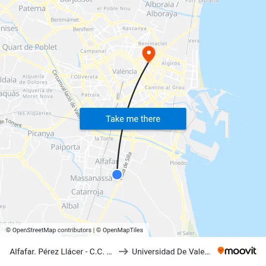 Alfafar. Pérez Llácer - C.C. Mn4 to Universidad De Valencia map