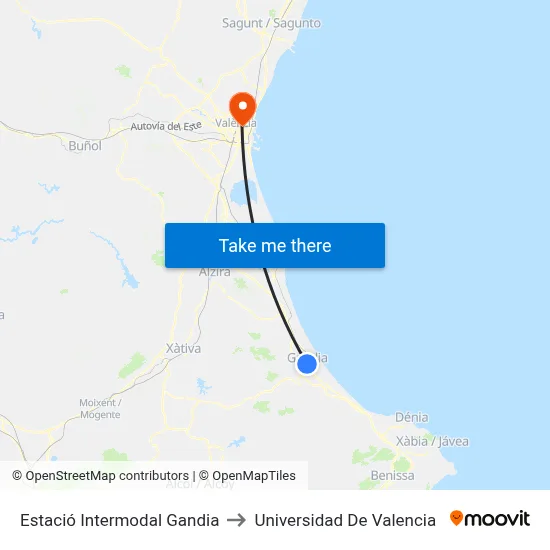 Estació Intermodal Gandia to Universidad De Valencia map
