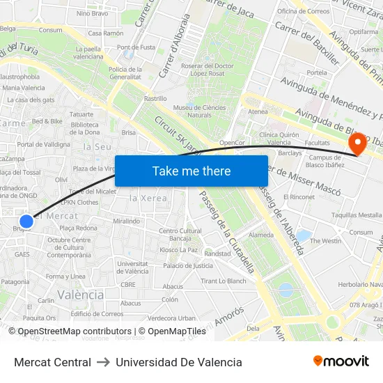 Mercat Central to Universidad De Valencia map