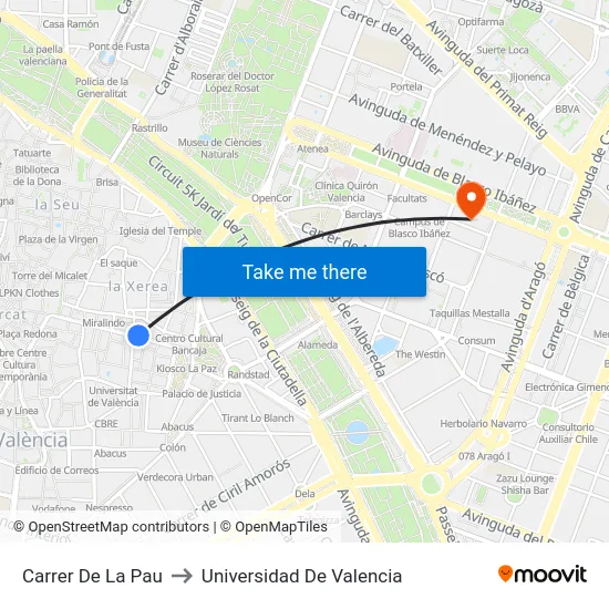 Carrer De La Pau to Universidad De Valencia map