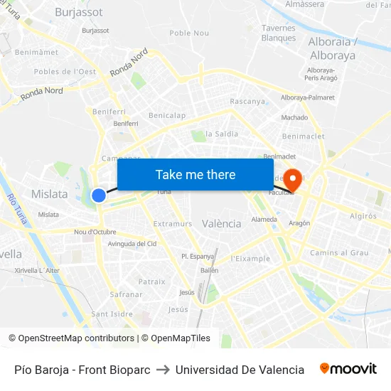 Pío Baroja - Front Bioparc to Universidad De Valencia map