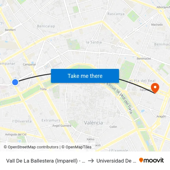 Vall De La Ballestera (Imparell) - Mestre Rodrigo to Universidad De Valencia map